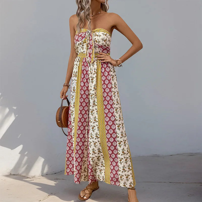 Printed Strapless Tube Top Tie Front Jumpsuit for Women