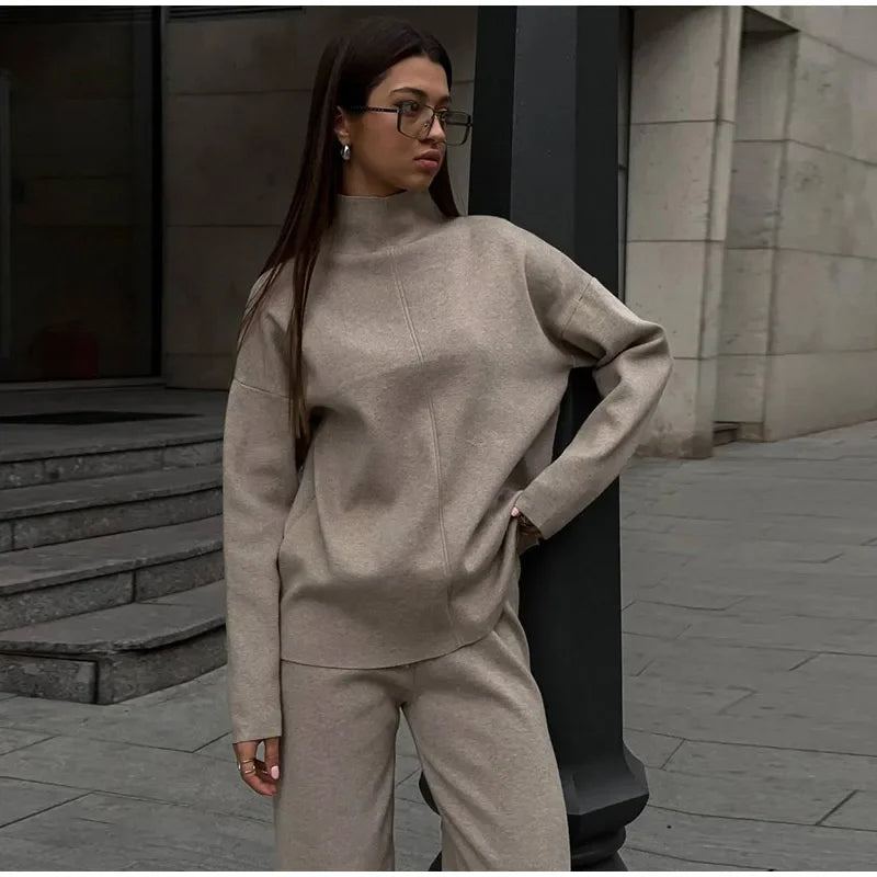 Solid Turtleneck Sweatshirt Set With Wide Leg Pants for Women
