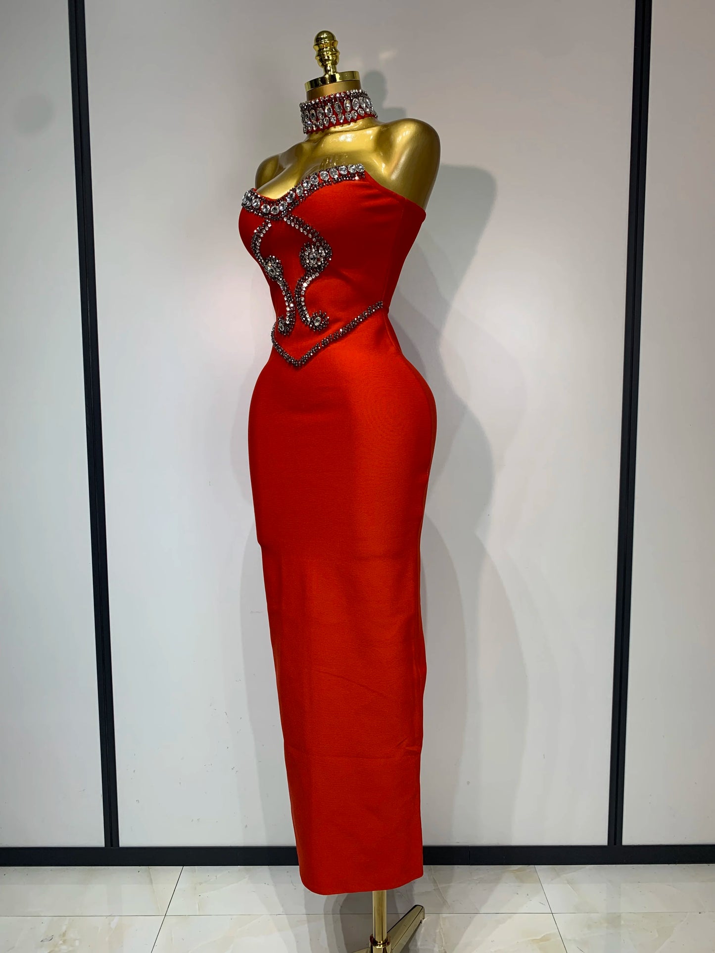 High Quality Strapless Beading With Necklace Bandage Dress  Celebrity Elegant  Evening Party Fancy Club Birthday Dresses