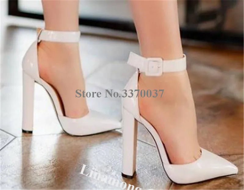 Pointed Toe Patent Leather Chunky Heel Pumps for Women