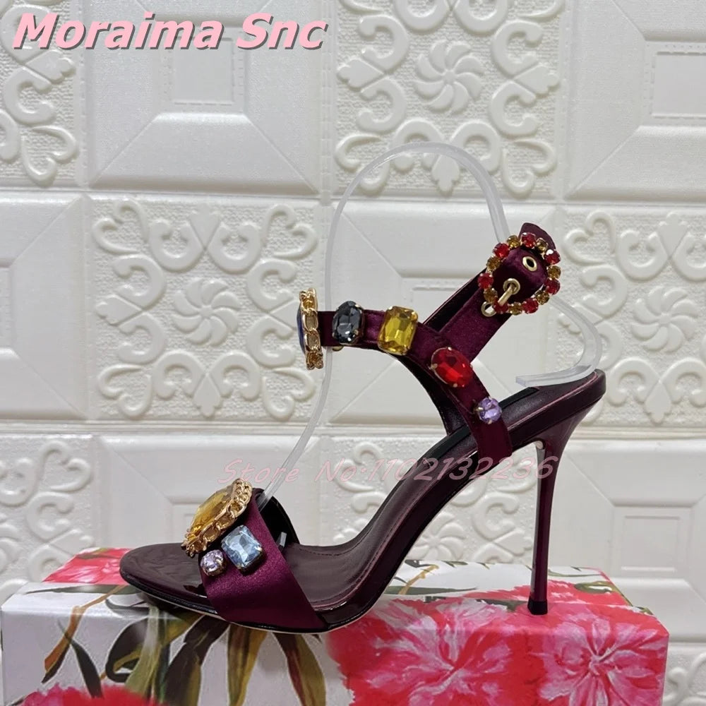 Elegant Satin Crystal Buckle Strap Square Heel Sandals for Women