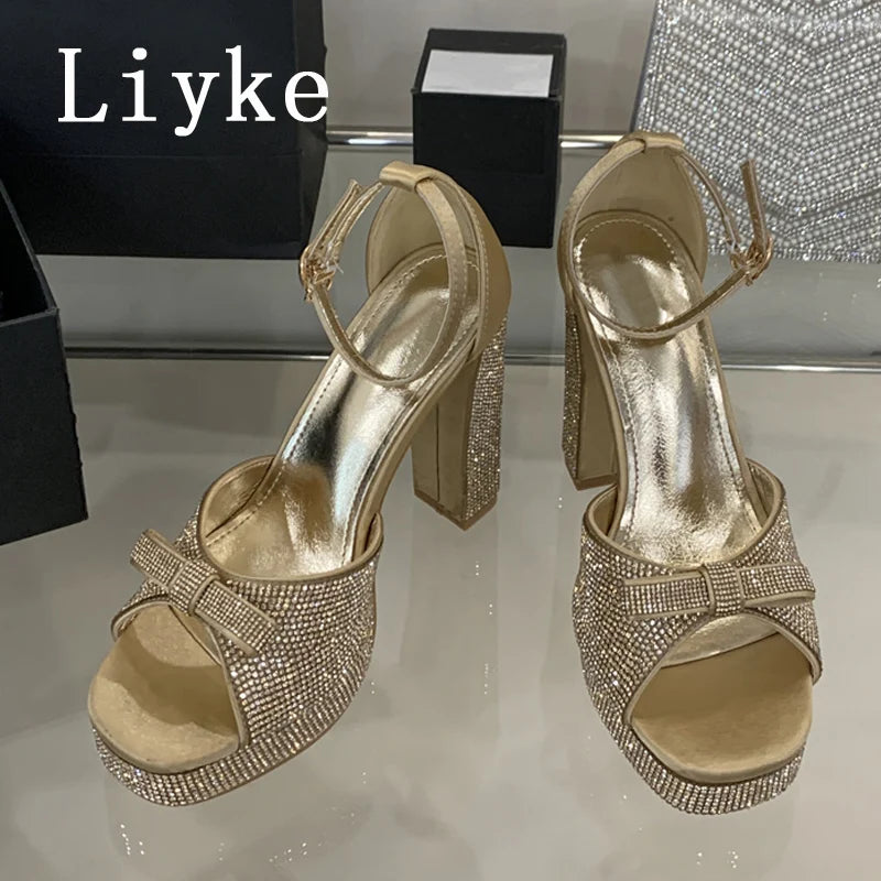 Crystal Bowknot Open Toe Platform Sandals for Women