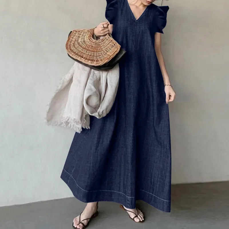 Bohemian Style V Neck Flutter Sleeve Denim Maxi Dress for Women
