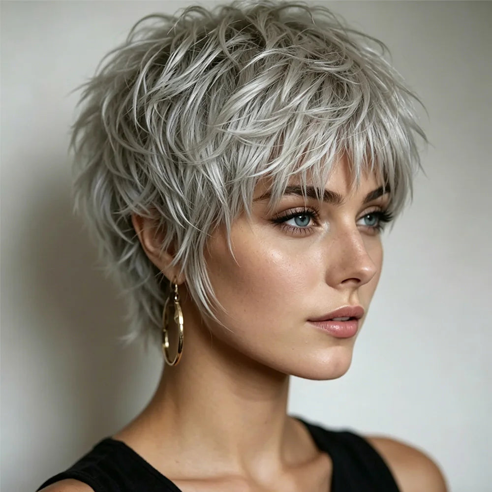 Silver Grey Straight Pixie Cut Premium Human Hair Wig For Women