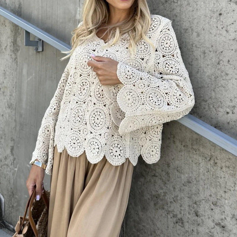 New Casual Solid Color Beach Cover Tees Sexy V-neck Long Sleeved Crochet Top Summer Vacation Hollow Out Knitted Women's T-shirt