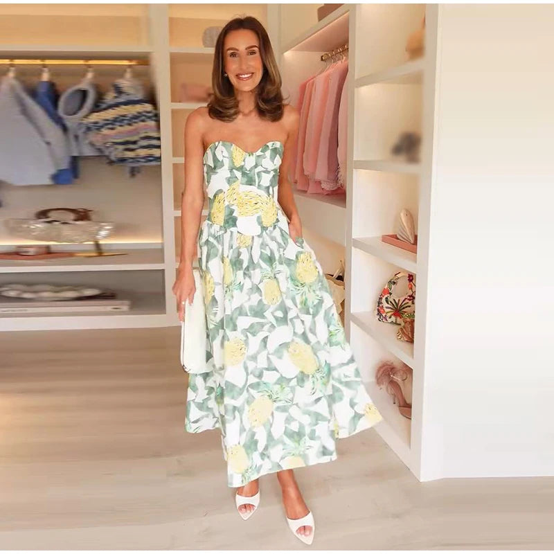 Printed Strapless Long Backless Dress With Pockets For Women