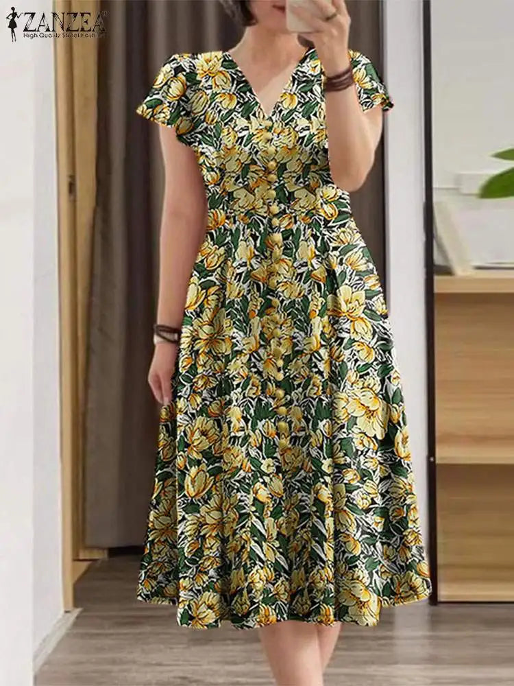 Floral V-Neck Ruffle Sleeve Midi Dress