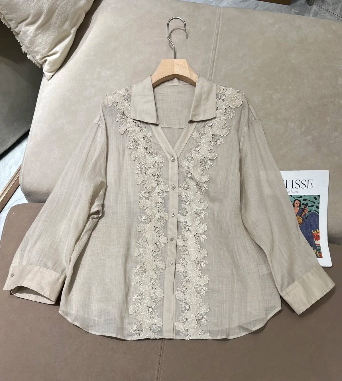 Embroidered Linen Blouse And Midi Skirt Set for Women