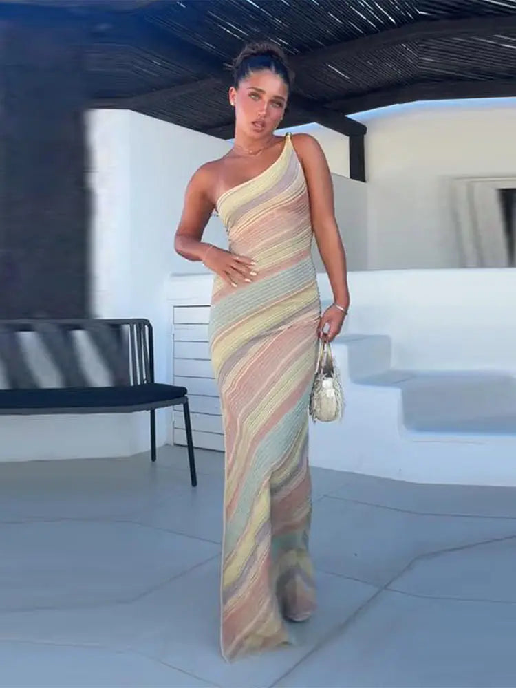 Elegant One Shoulder Printed Mid-Calf Dress for Women