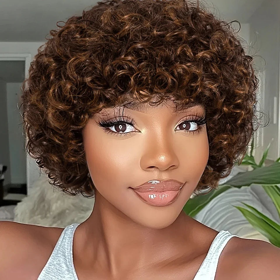 Short Kinky Curly Pixie Bob Human Hair Wig for Women
