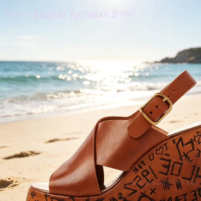 Bold Graphic Print Platform Wedge Sandals for Women