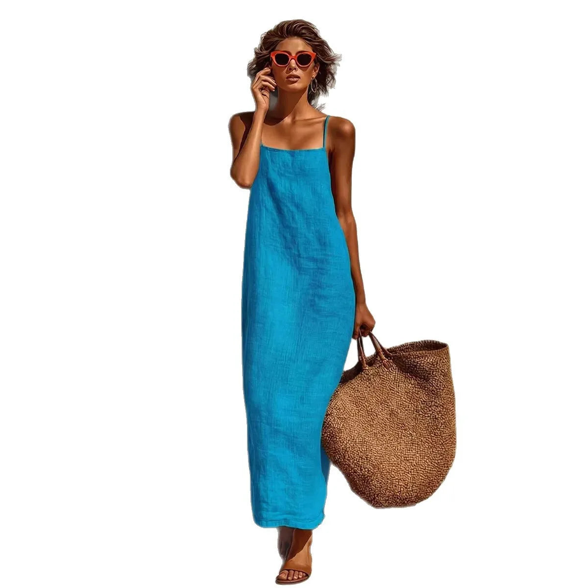 New Solid Color Square Neck Spaghetti Strap Linen Maxi Dress for Women