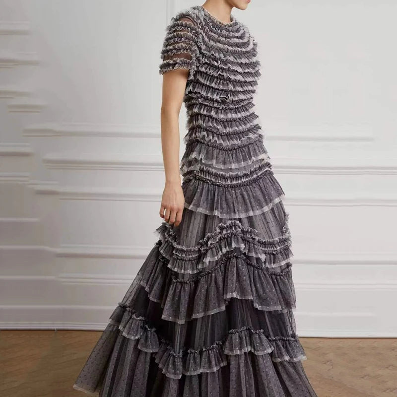 KUCLUT Fashion Women's Multi Layer Mesh Patchwork Dress Elegant Heavy Industry Evening Party Ruffled Short Sleeve Dresses YZJ28
