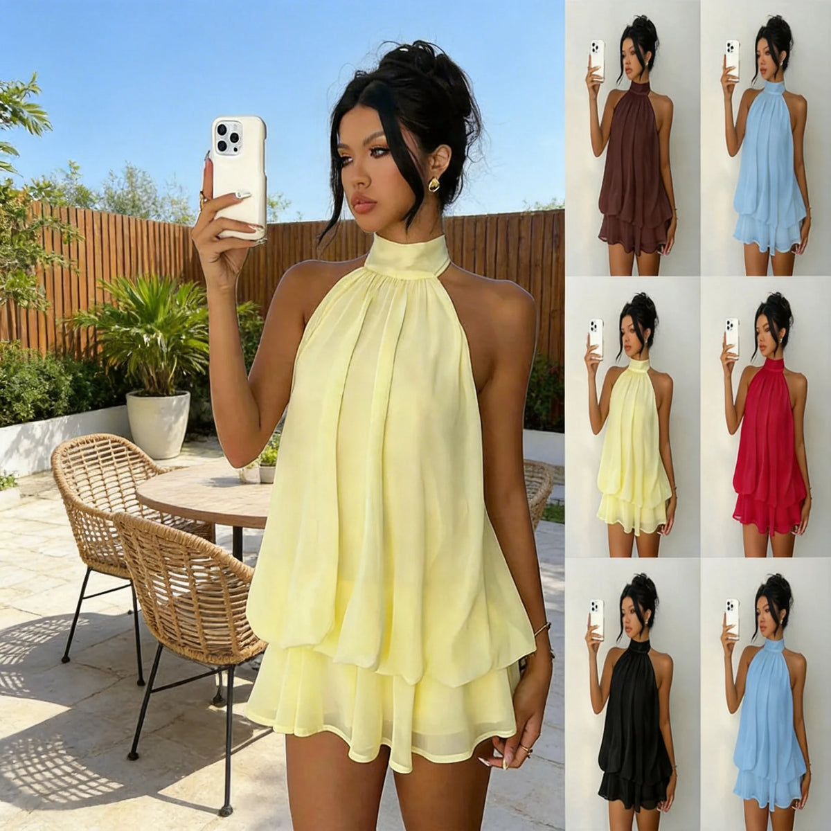 Backless Halter Waist Cinched Mini Dress for Women