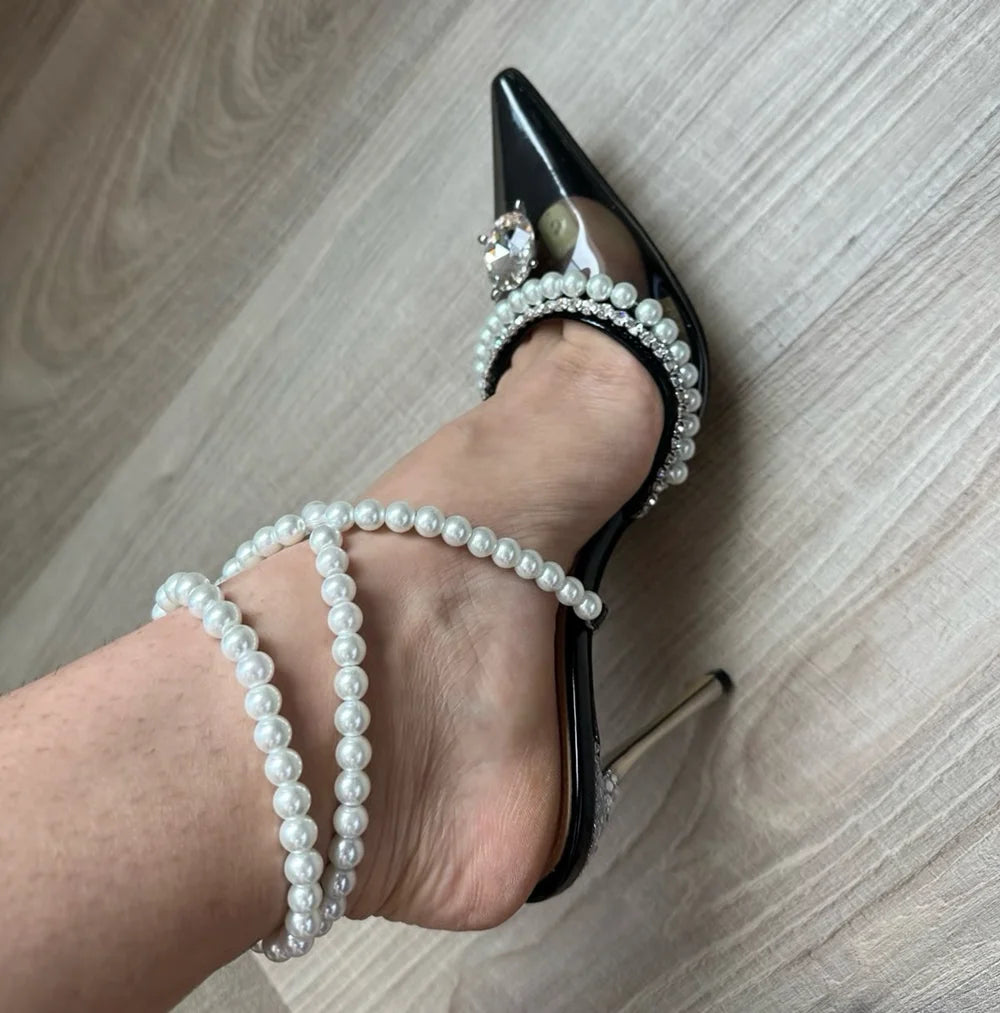 Black Patent Pearl Pointed Crystal Heels