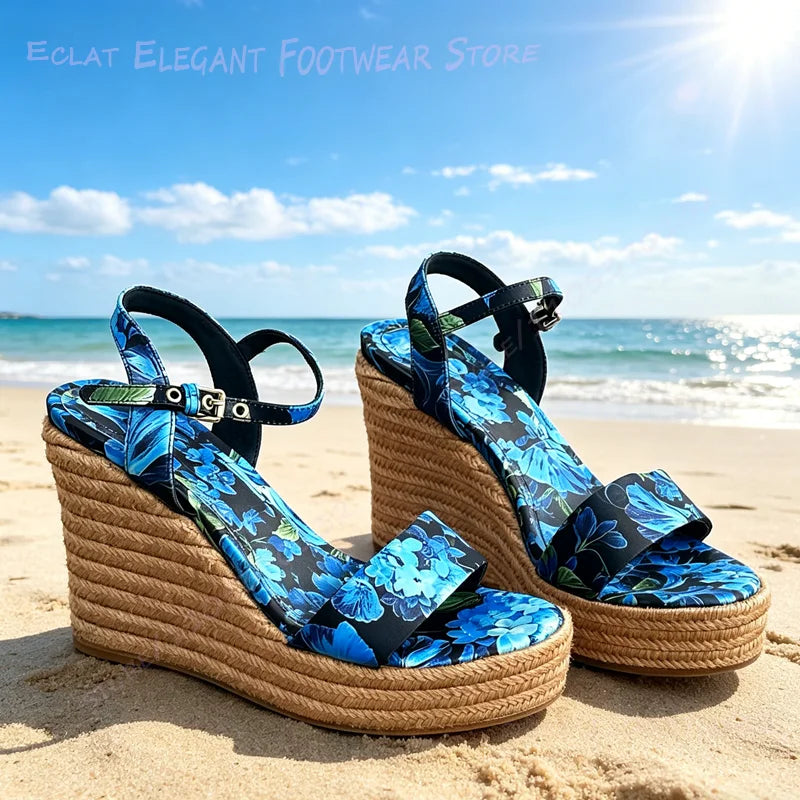 Vibrant Graffiti Print Leather Platform Wedge Sandals For Women