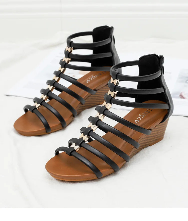 Vintage Hollow Roman Wedge Sandals Round Toe For Women