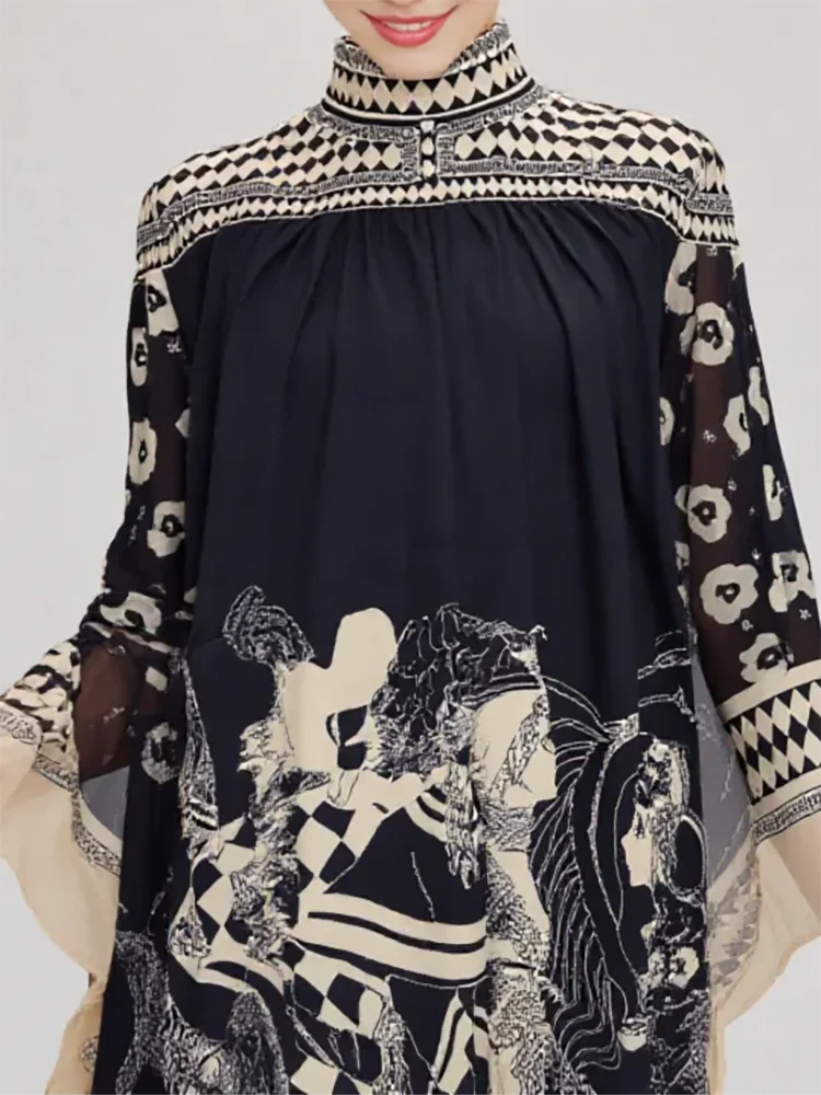Retro Print Three Quarter Sleeve Midi Dress for Women