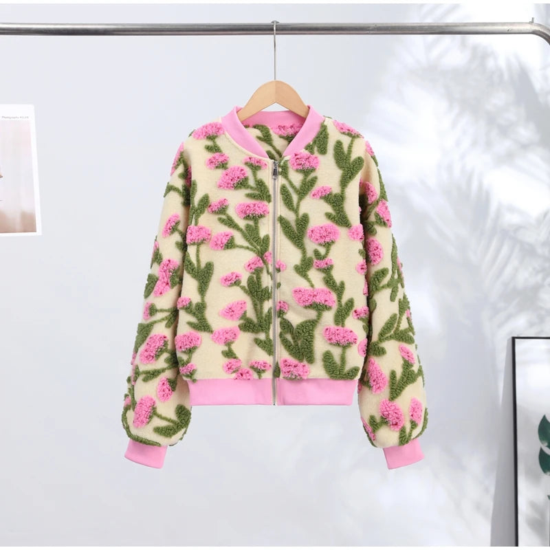 Casual Floral Print Bomber Jacket With Collar For Women