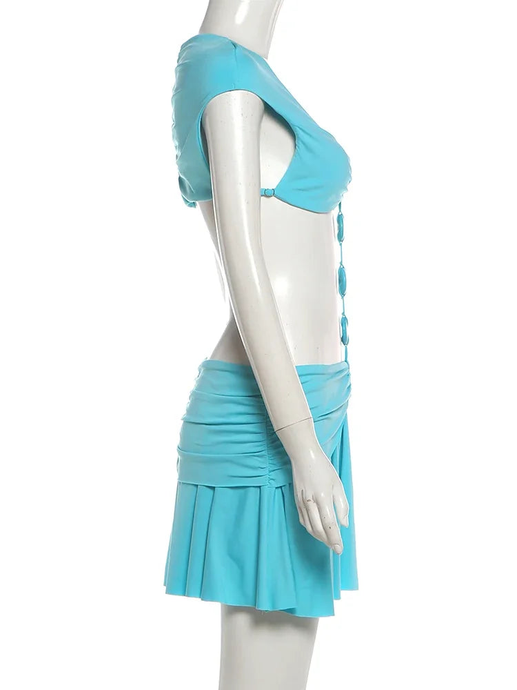Blue Patchwork Buckle V Neck Bodycon Mini Dress for Women
