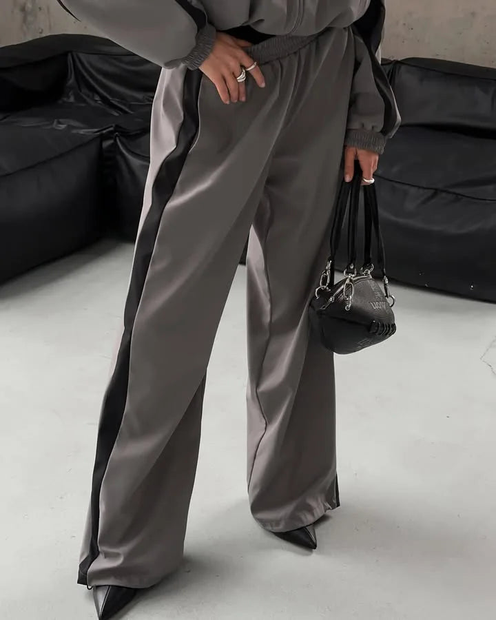 Casual Contrast Color Zipper Tracksuit Set for Women