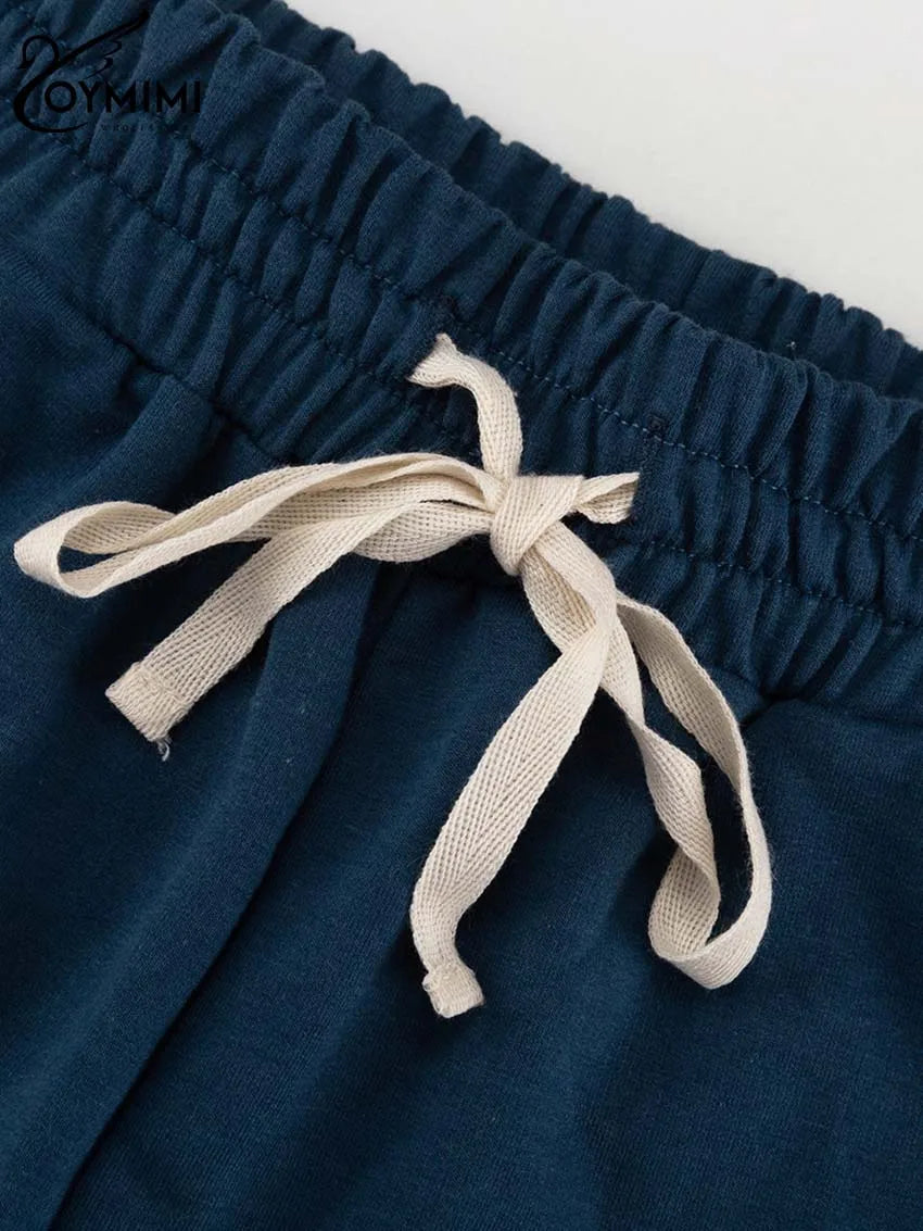 Oymimi Casual Blue Patchwork Sets For Women 2 Pieces O-Neck Long Sleeve Blouse And Drawstring Straight Sweatpants Set Streetwear