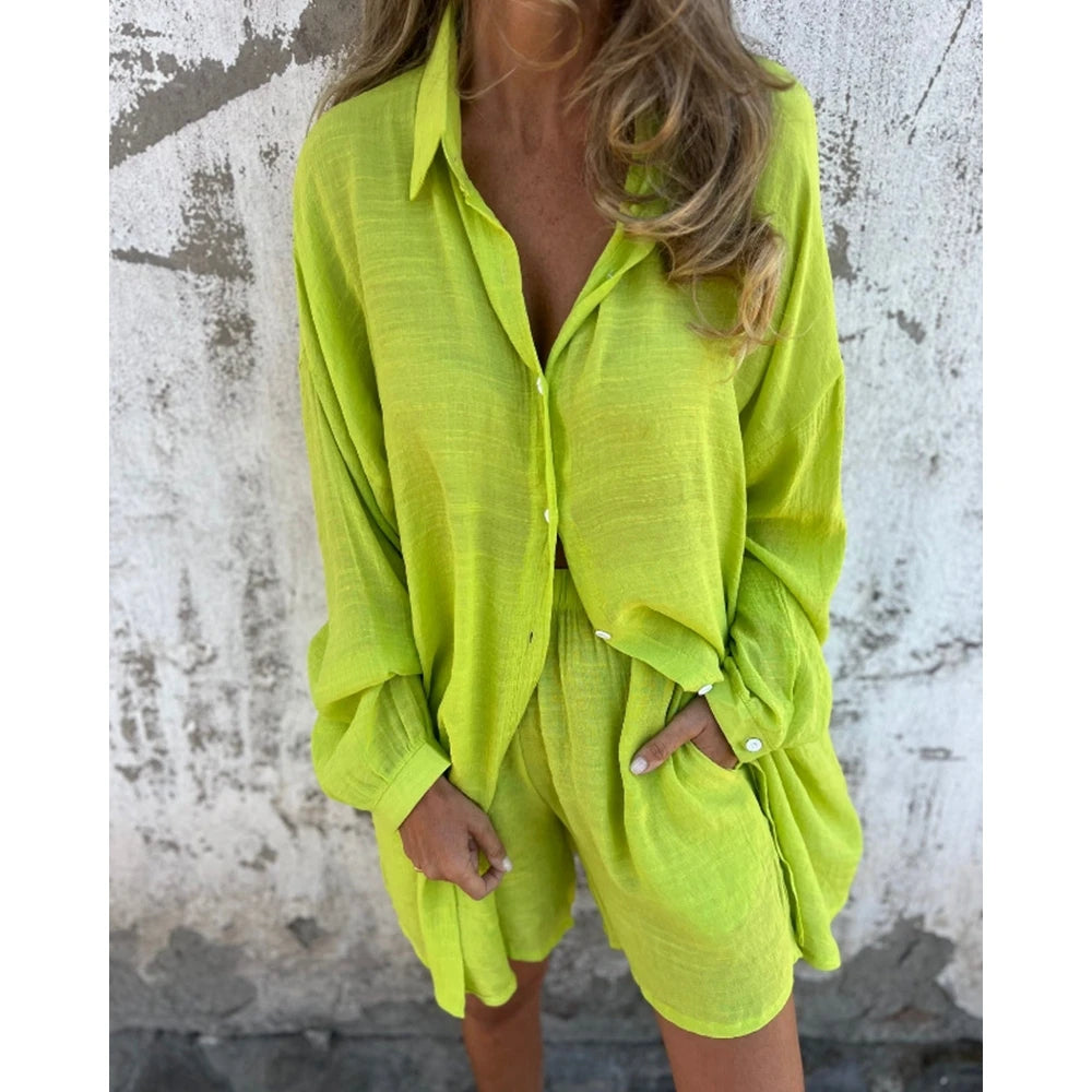 Ruched Turn-down Collar Long Sleeve Buttoned Top and Shorts Set Two Pieces Summer Outfits