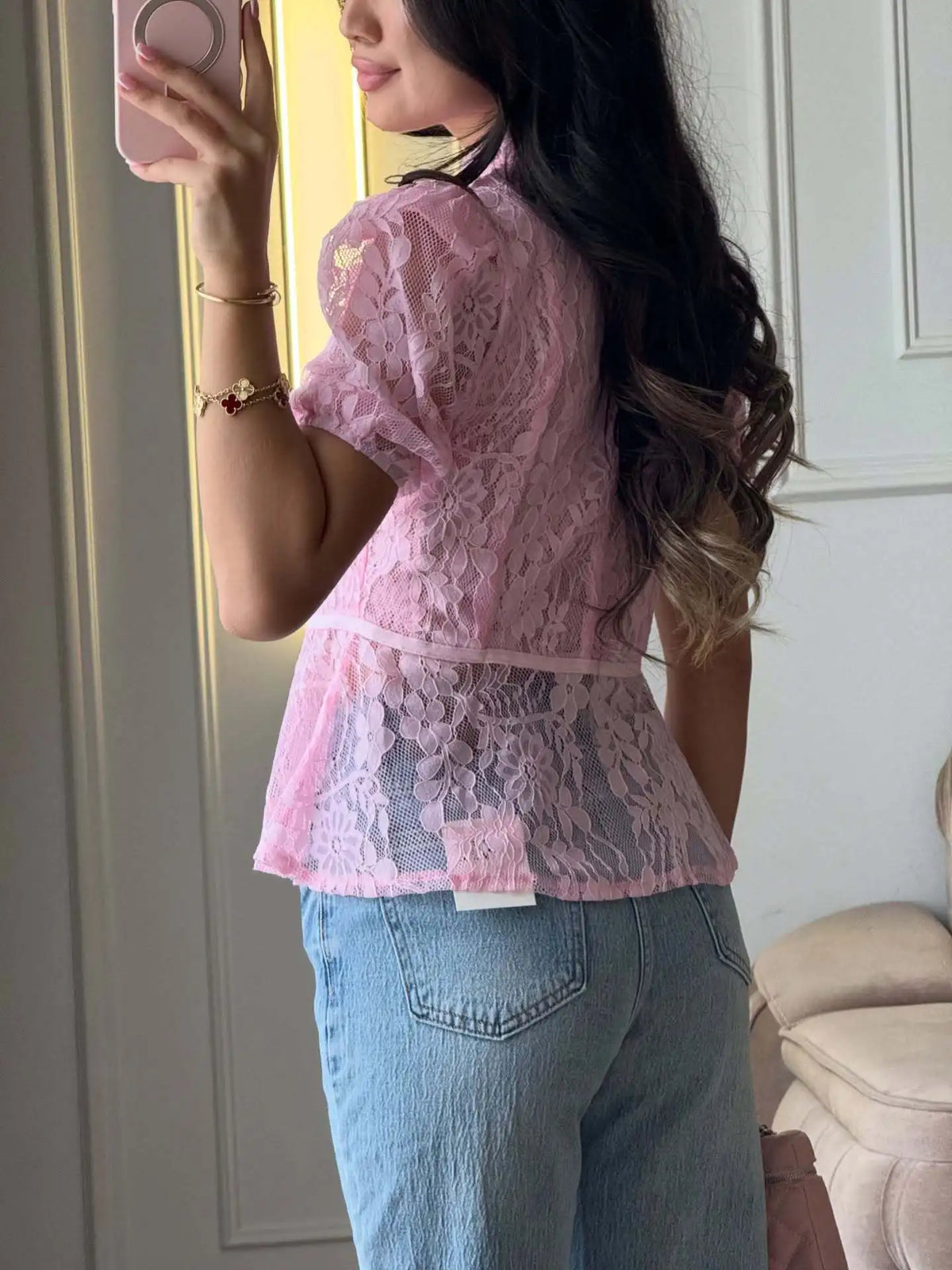 Short Sleeve Floral Lace Sheer Cheongsam Blouse for Women