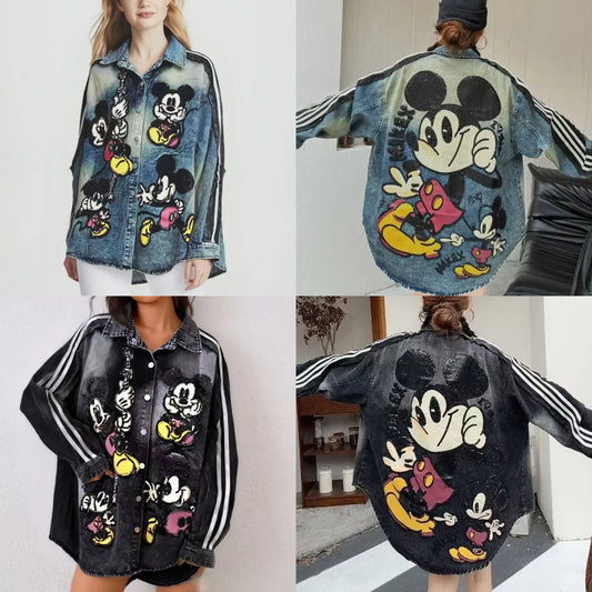 Denim Jacket With Heavy Sequin Embroidery And Loose Mid Length For Women - Casual Style