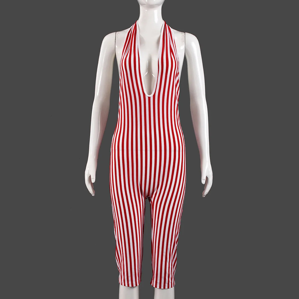 FAGADOER Casual Striped Patchwork Bodycon Romper Women Red Halter Deep V-neck Backless Jumpsuit Female Streetwear Overalls New