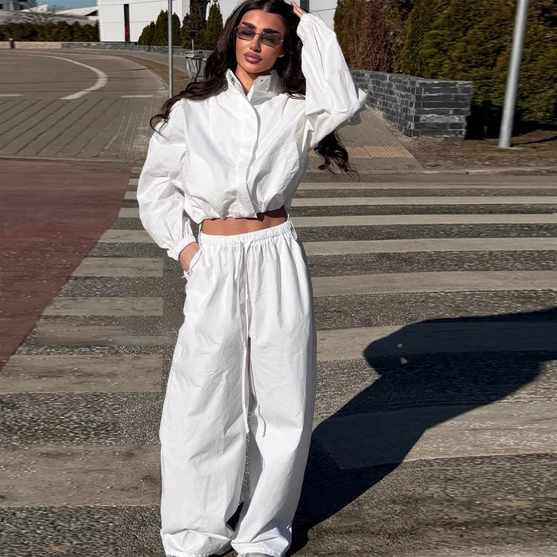 Solid Loose Suit Set with Stand Collar Crop Top and Drawstring Pants for Women