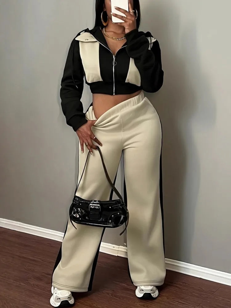 Hooded Two Piece Top and Pants Matching Set for Women