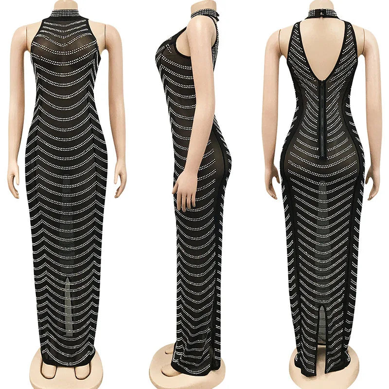 Backless Crystal Rhinestone See Through Bodycon Maxi Dress for Women