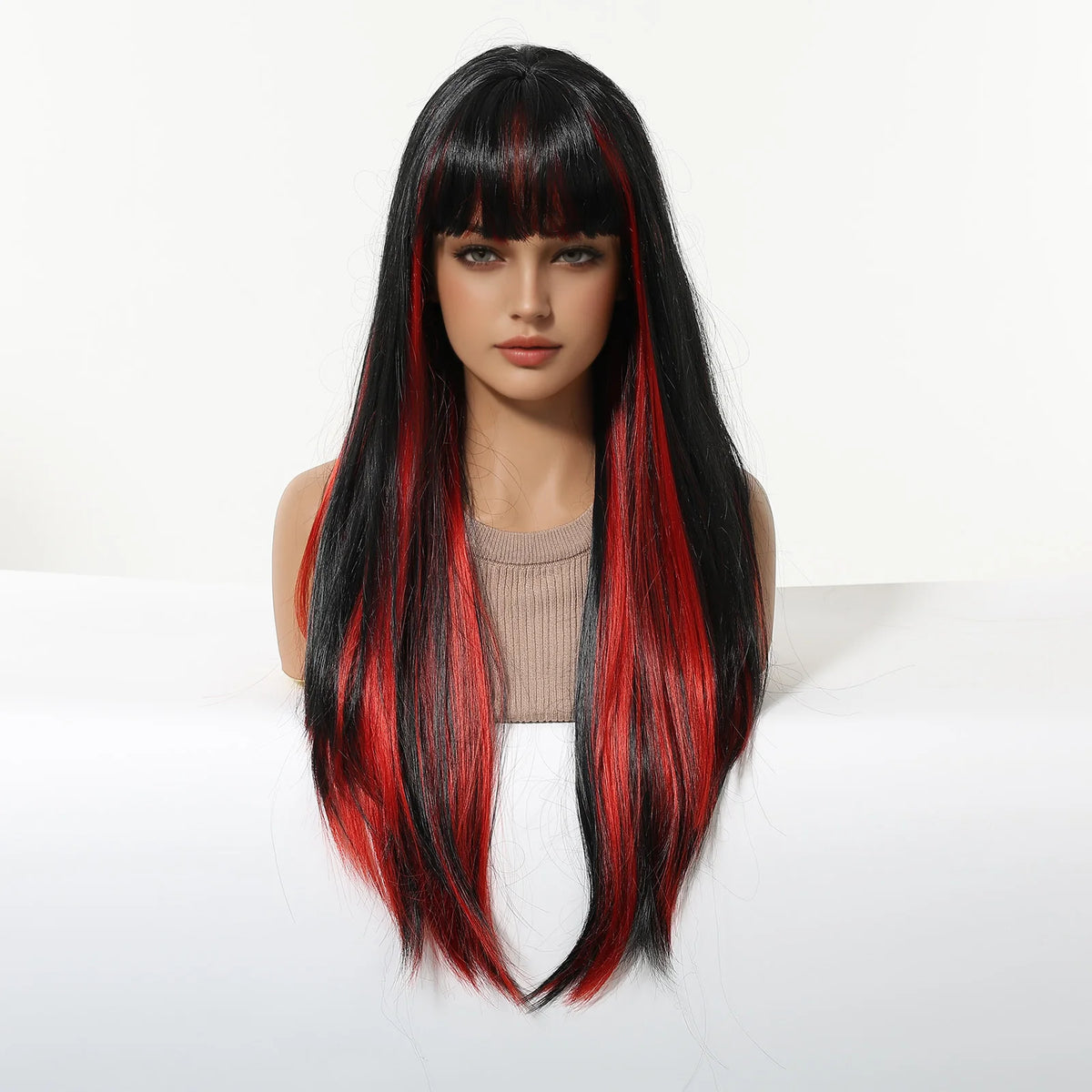 Long Straight Synthetic Wig With Bangs and Red Highlights for Women