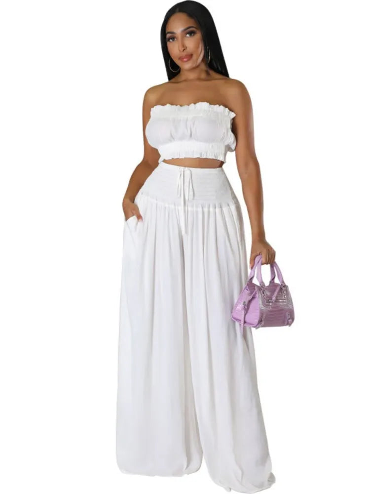 Lace Up Strapless Top Two Piece Pants Set for Women