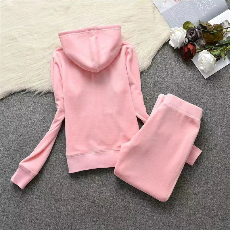 Soft Velvet Hooded Two Piece Tracksuit Set for Women