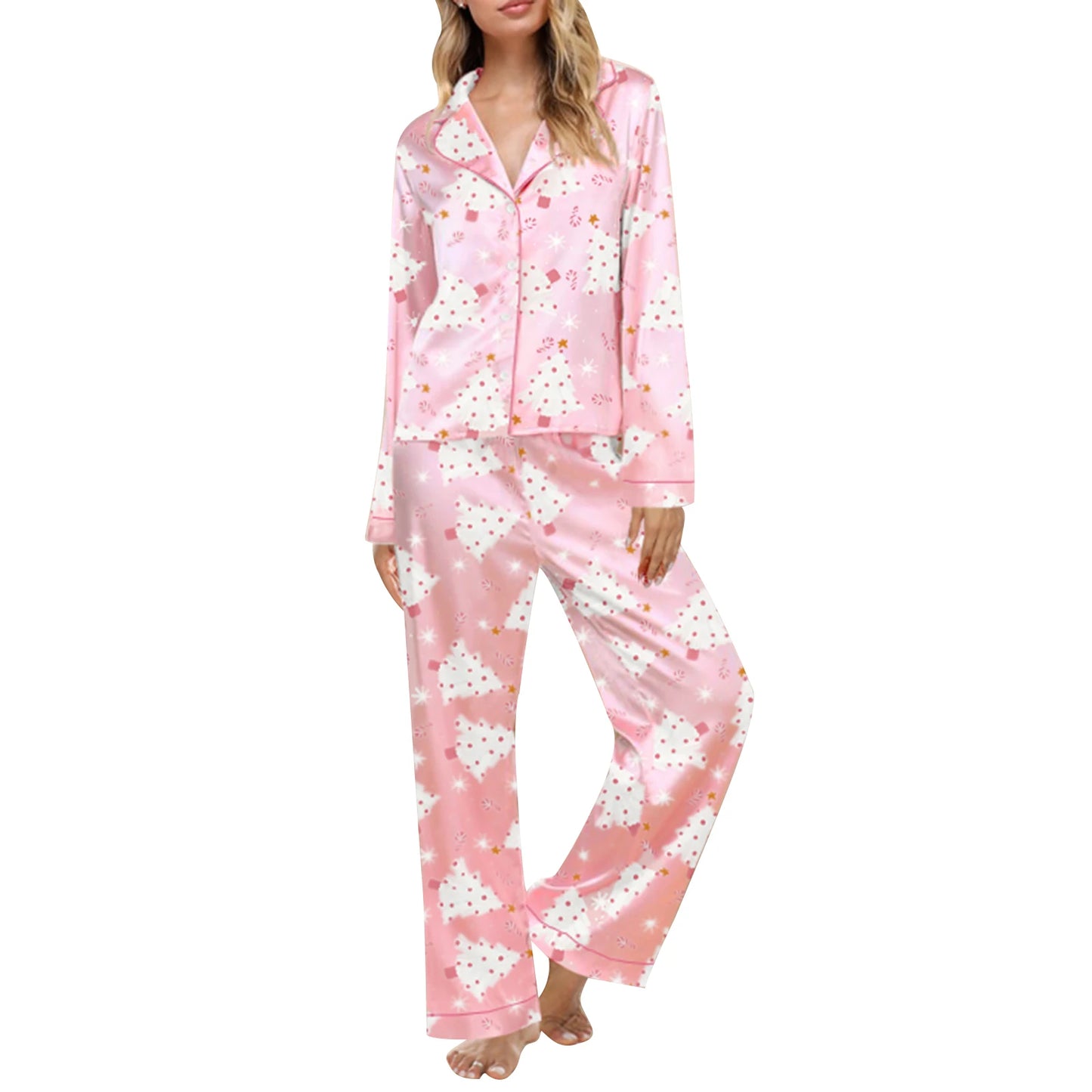 Women'S Autumn  Winter Clothing Christmas Elements Cute Bow Print Long Sleeved Shirt  Elastic Pants 2PCS Street Wear Home Wear