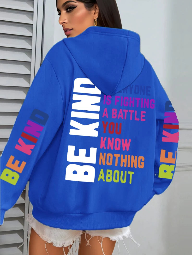 Be Kind Hoodies Women Letter Prints Winter Fleece Warm Hooded Street Pocket Loose Sweatshirts Casual All-match Woman Clothes