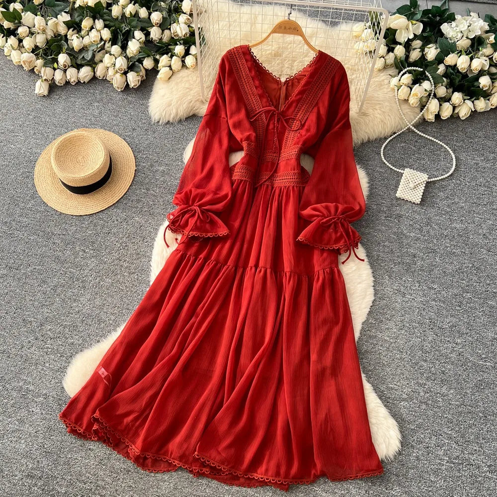 Elegant French V-Neck Waist-Cinching Maxi Dress for Women