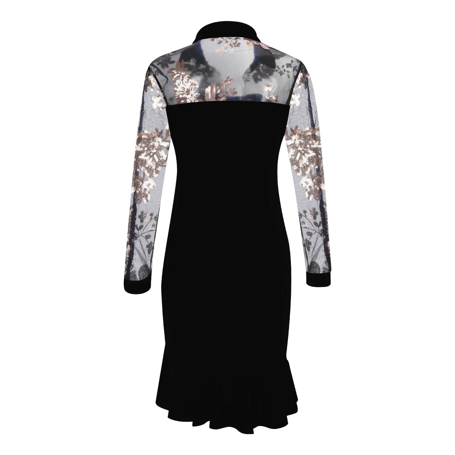 Women Sexy See-Through Mesh Dress Patchwork Ruffles Floral Dress Long Sleeve Party Slim Dress Elegent Daily Wear