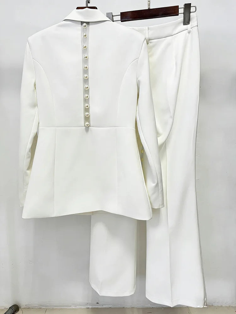 HIGH STREET Newest 2026 Designer Runway Suit Set Women's Pearls Beaded Gauze Patchwork Slim Fitting Blazer Pants Set
