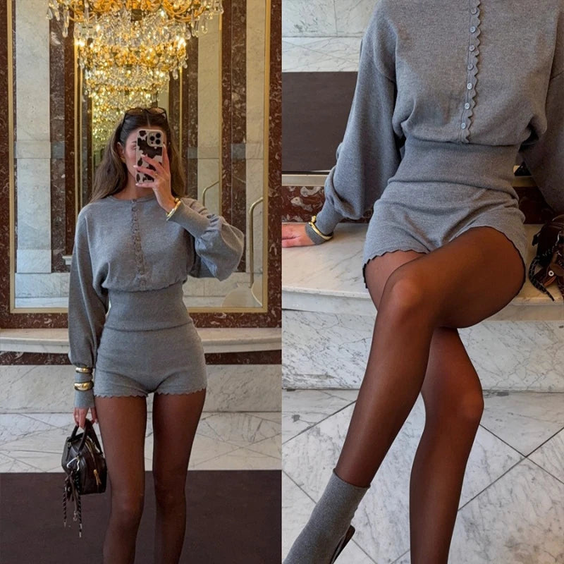 Casual Knit Long Sleeve Top and Slim Shorts Set for Women
