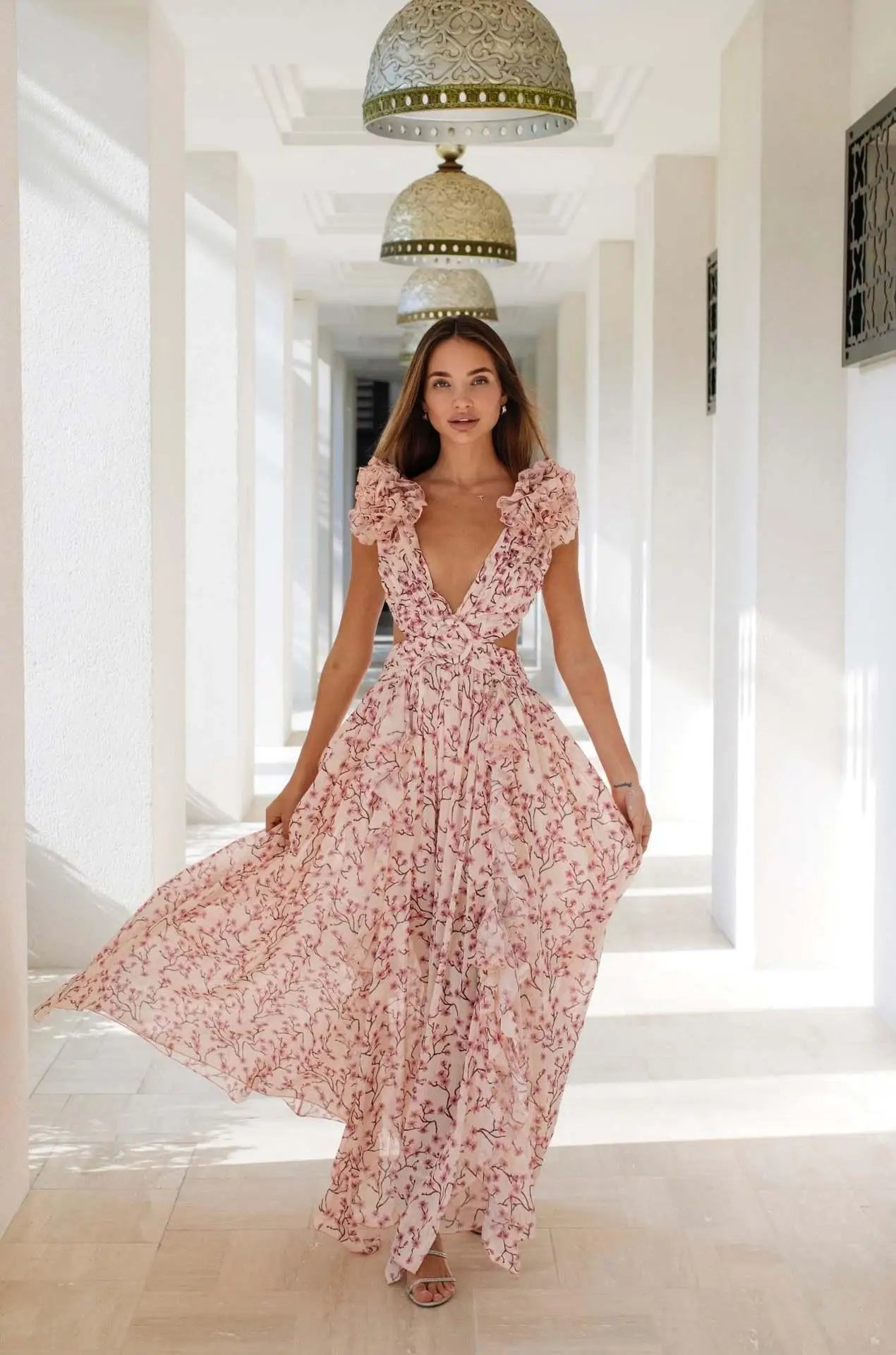 Summer Spring Women's Clothing Dress Hollow Out Slim Deep V Ruffle Edge Floral Backless Dress Loose Maxi