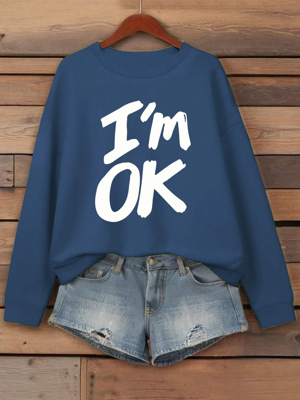 I'M Okay Letter Printed Sweatshirts Womens Autumn Winter Casual Hoodie Fleece Warm Crewneck Pullovers Street Loose Woman Clothes