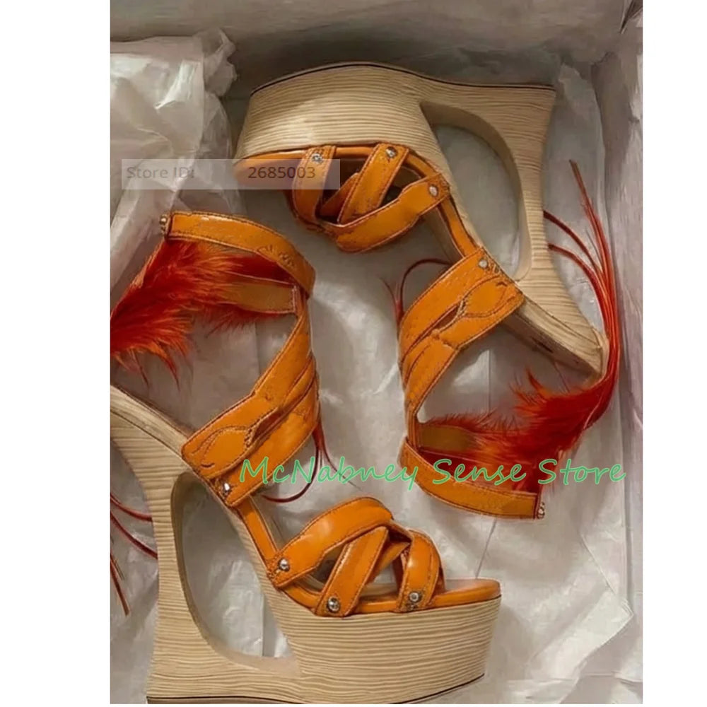 Feather Detail Cutout Strappy Wedge Sandals with Buckle Strap for Women