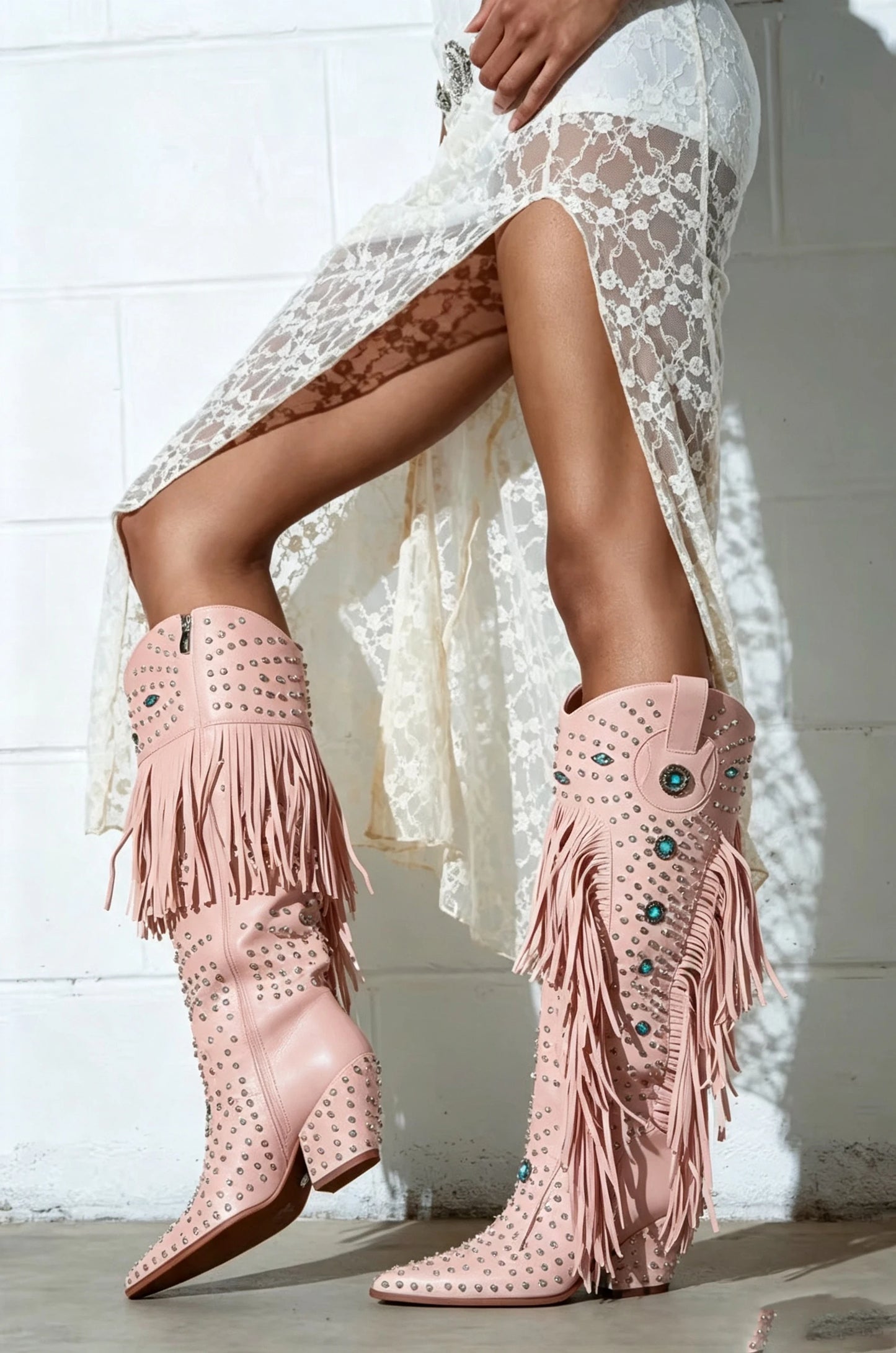 2025 Diamond Fringes Western Boots Women Sparkly Block High Heels Crystal Trim Shoes Ladies Winter Pointed Toe Knee High Boots