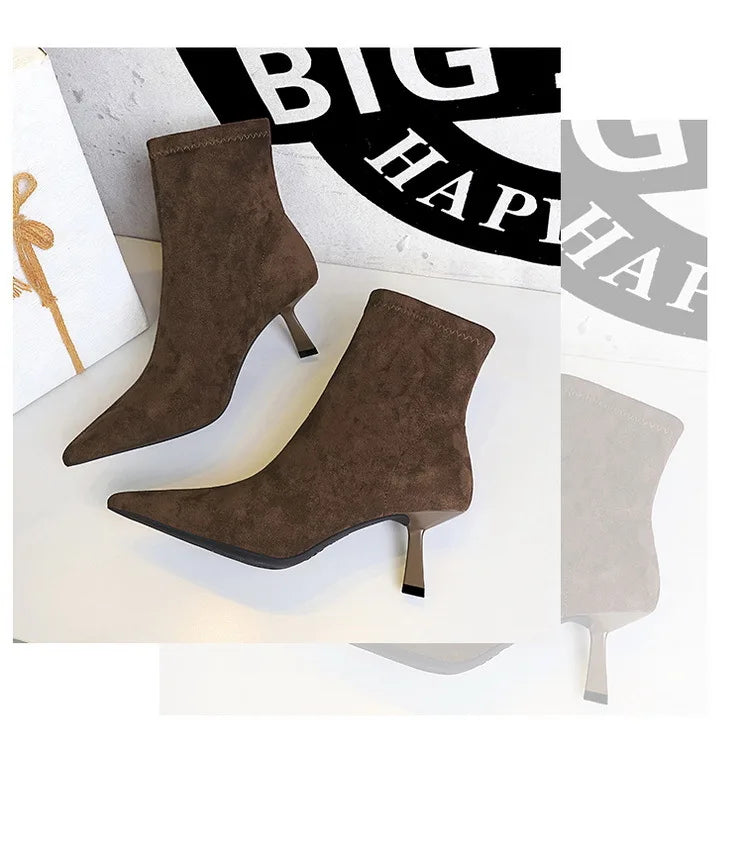 Suede Pointy Toe Sock Stiletto Boots