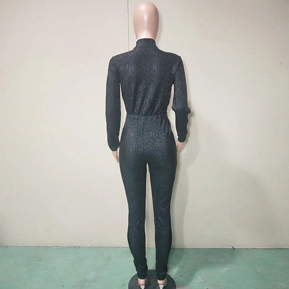 Elegant Silver Metallic Zippered Club Jumpsuit For Women