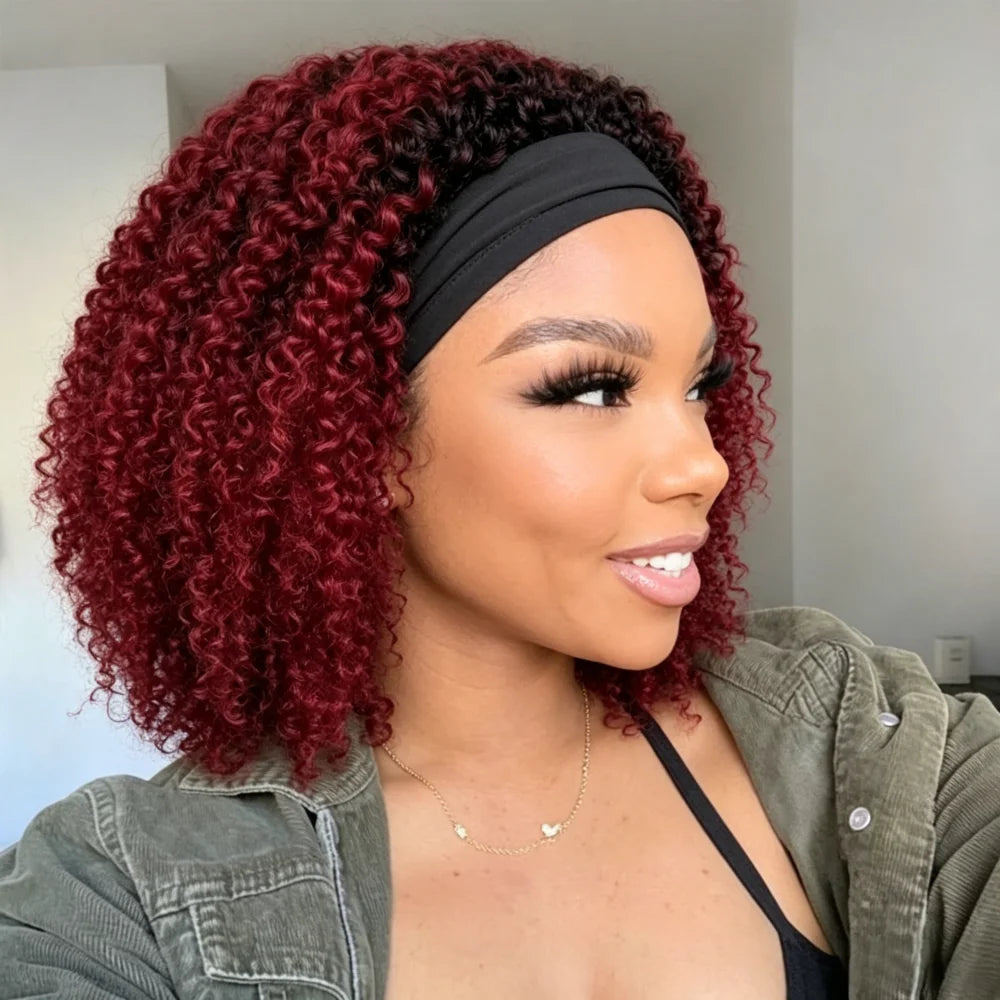 Burgundy Ombre Kinky Curly Human Hair Headband Wig for Women