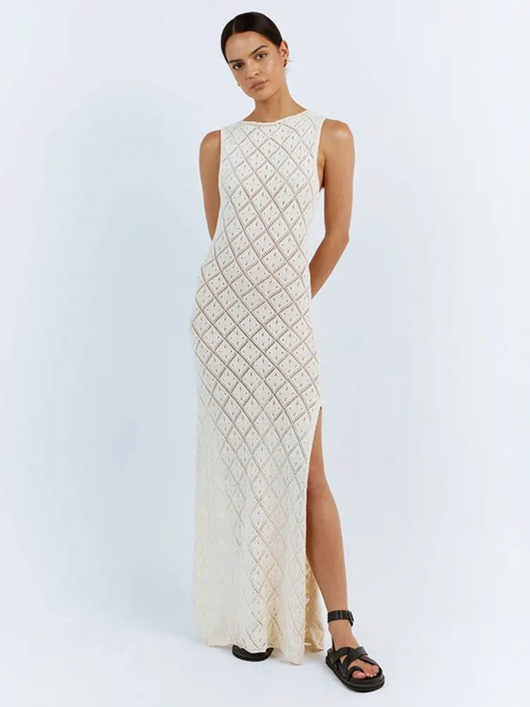 Sexy Cut Out Slit Knit Mesh Swimsuit Cover Up Pareo Tunic 2025 Summer Beach Maxi Dress Bikini Cover-ups Women Beachwear A2318